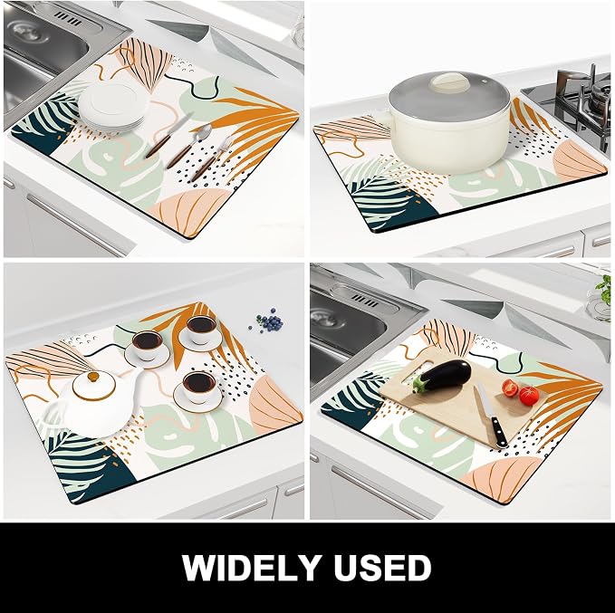 Rnivvi Dish Drying Mat for Kitchen Counter, 16 x 18" Cute Boho Theme Absorbent Heat Resistant Drying Pad with Non-slip Rubber, Coffee Bar Mats for Coffee Machine Dish Rack, Tropical Leaves