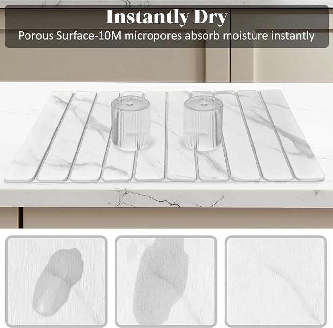 Large Stone Dish Drying Mats for Kitchen Counter, 24"(L)×16"(W) Marble-Pattern, Fast Drying Collapsible Dish Drying Mat, Eco-Friendly Absorbent Diatomaceous Earth Mats for Tableware, Match Countertop