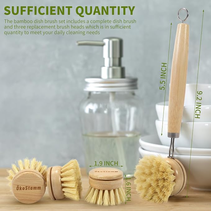Bamboo Dish Brush with Long Handle - Natural Dish Scrubber Brush Set Includes 4 Replacement Brush Heads, Sisal Bristle Bamboo Brush for Dishes, Pans, Pot, Fruit and Veggie