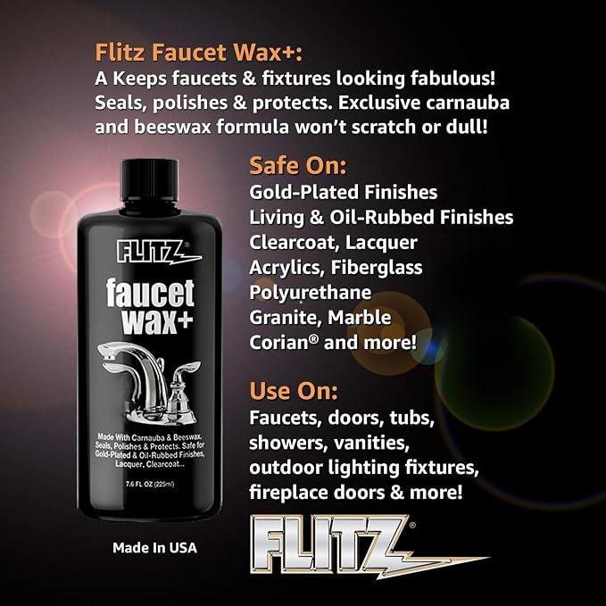 Flitz Faucet Wax Plus - 7.6oz Bottle of USA-Made, Water-Based Faucet Cleaner & Polisher for Water Stains, Fingerprints, & More - Metal Wax for Bronze, Nickel, Chrome, Brass - Granite Polish (1 Pack)