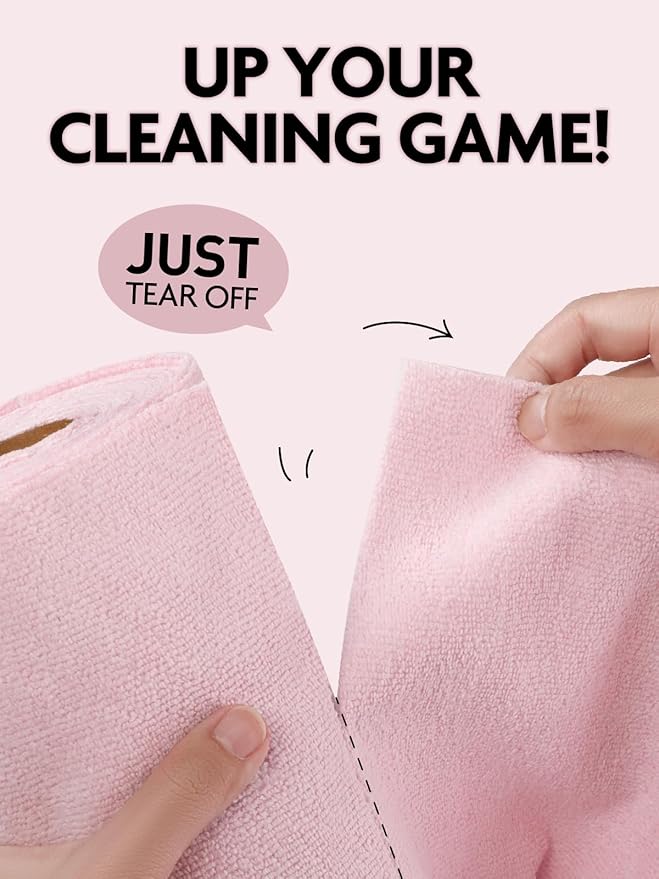 Fantasticlean Kitchen Towels Roll, 40 Sheets, 10''x 10'' (Pink, Grayish) | Tear-away Dish Towels for Kitchen, Ultra Absorbent, Lint-free, Premium Microfiber Cleaning Cloths, for All-Purpose Cleaning