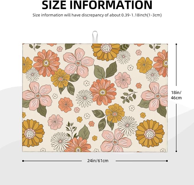 Pink Flowers Dish Drying Mat For Kitchen Counter, Super Absorbent Microfiber Dish Drying Pad, Kitchen Gadgets For Easy Clean Multi-Use Large 18"x24"
