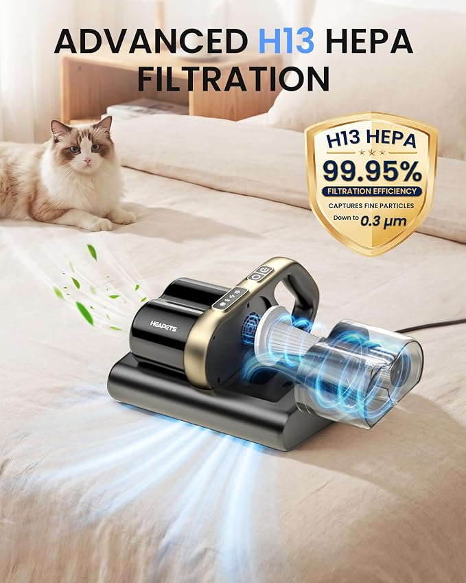HEAPETS Mattress Vacuum Cleaner, 16Kpa Bed Vacuum with 275nm UV-C Light & 149℉ Heat & Ultrasonic, Dual High-Speed Roller Brushes & H13 HEPA Filter for Pet Hair, Bed, Sofa, Couch, Corded Black