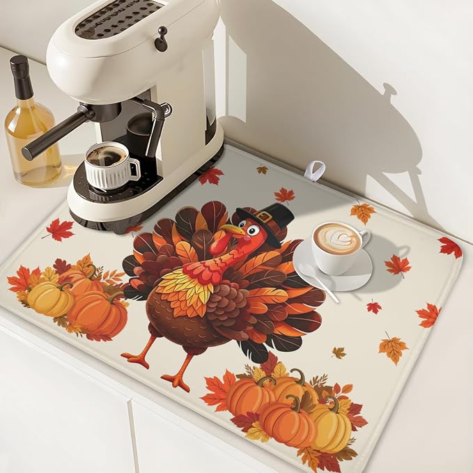 Thanksgiving Dish Drying Mat for Kitchen Counter Autumn Harvest Turkey Pumpkin Maple Leaves Microfiber Dish Drainer Mat Rustic Fall Holiday Absorbent Washable Drying Pad 18"x24"