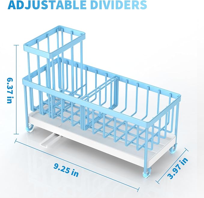 Cisily Sponge Holder for Kitchen Sink, Sink Caddy Organizer with High Brush Holder, Kitchen Countertop Organizers and Storage Essentials, Rustproof 304 Stainless Steel (Blue, 9.25″)