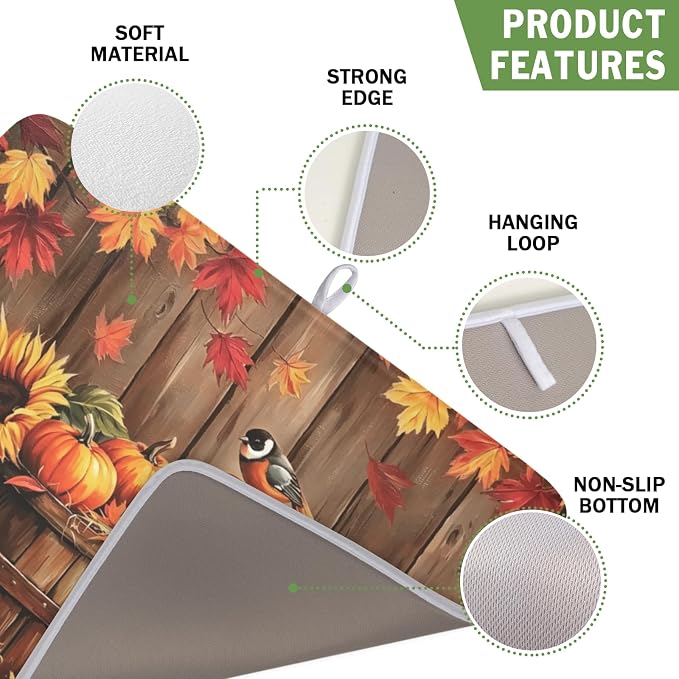 Fall Pumpkin Dish Drying Mat for Kitchen Counter Thanksgiving Autumn Harvest Pumpkin Microfiber Dish Drainer Mat Rustic Farmhouse Absorbent Washable Drying Pad 16"x18"