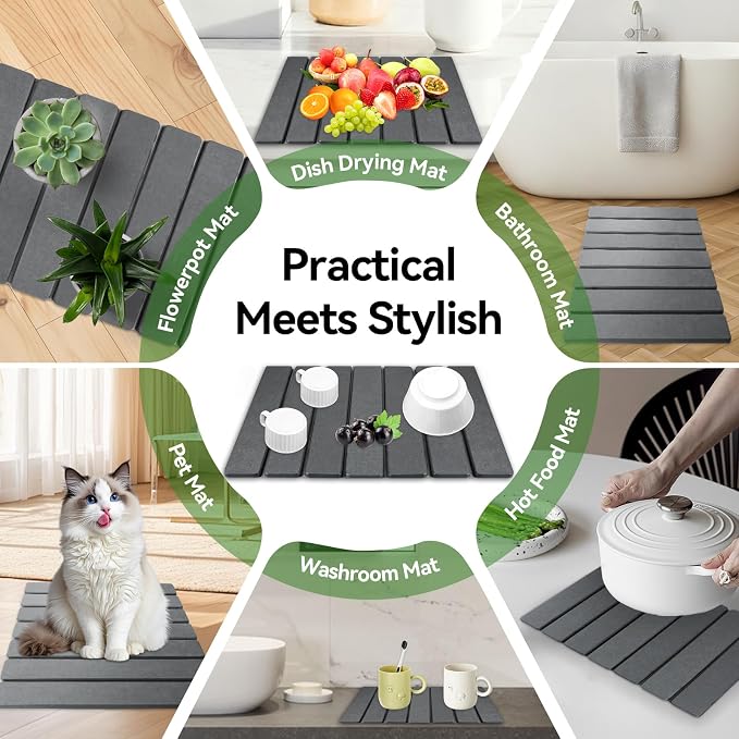 Large Stone Drying Mat for Kitchen Counter, 16"x12" Collapsible Diatomaceous Earth Drying Mat, Instant Absorbent Dish Drying Pad, Stone Drying Rack Space Saver Drying Board for Kitchen Sink, Gray