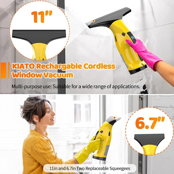 Kiato Window Vacuum Squeegee Cordless, Electric Window Vacuum Cleaner with 2 X Squeegee (11”+ 6.7”), Rechargeable Window Vac for Windows, Tiles, Mirrors, Showers, Glass, 2200mA, WC09