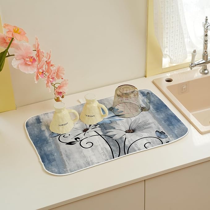 Rustic Daisy Floral Dish Drying Mats 18x24 Inches for Vintage Flower Blue Kitchen Drying Mats Seasonal Outdoor Decorations Absorbent Drying Dish Mats for Kitchen Dining Room Counter Decor