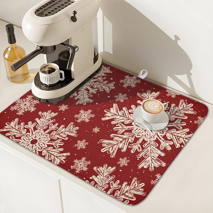 Red Christmas Dish Drying Mat for Kitchen Counter 16x18 Inch | Christmas Snowflake Dish Drainer Mat Rustic Farmhouse Xmas Holiday Absorbent Washable Drying Pad
