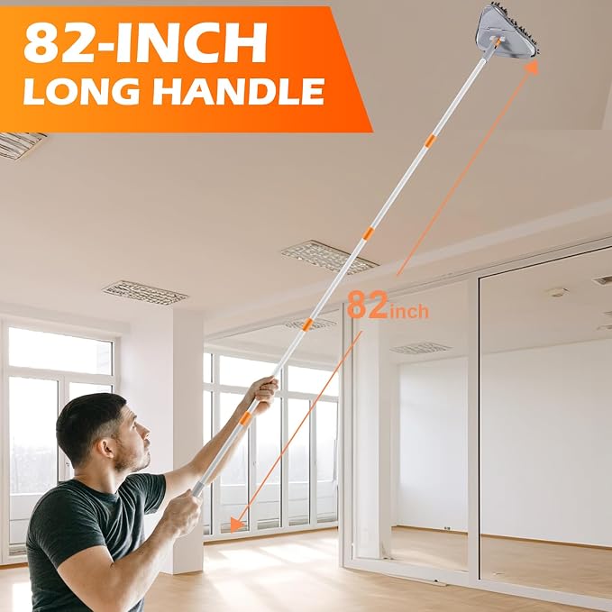 RONSUNG Wall Cleaner Mop, 82-Inch Handle, Baseboard Cleaner Tool, 4 Pads | Wall scrubber with long handle, triangle head, squeegee, and 4 pads for walls, ceilings, windows, baseboards, and floors