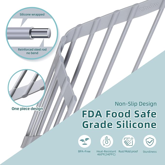 Ohuhu Triangle Roll Up Dish Drying Rack, Silicone Wrapped Steel Anti-Slip Sink Corner Rack Caddy Multipurpose Strainer for Kitchen Sink Trivet Space-Saving