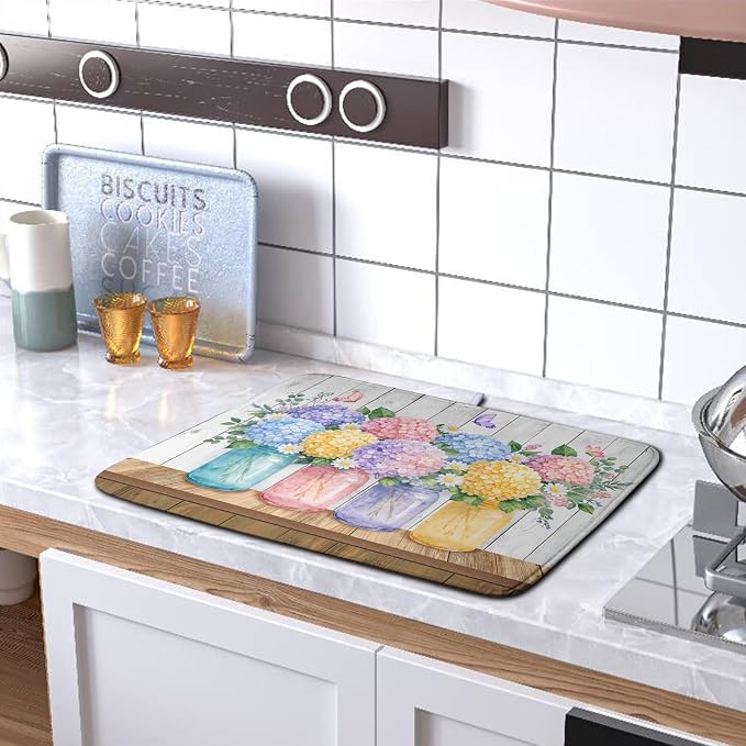 Hydrangea Dish Drying Mat for Kitchen Counter Spring Summer Floral Vases dish mat Microfiber Absorbent Dish Drainer Pad Rustic Farmhouse Floral Wooden Board Dish Draining Mats 18x24 Inch