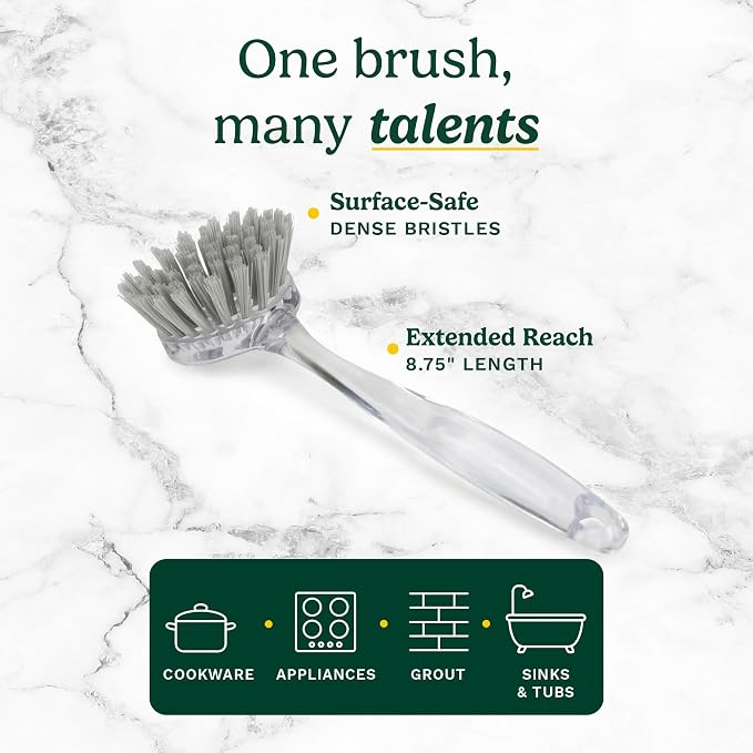 Cuisinart Dish Brush with Handle, 2 Pack, Firm Bristles | Multi-purpose dish scrubber for plates, pots, and pans, deep cleaning removes grease, safe for nonstick, round head