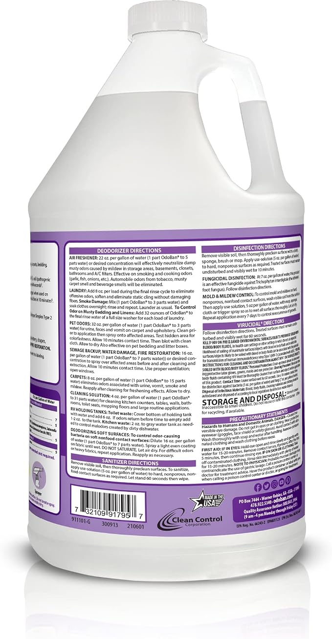 OdoBan Ready-to-Use Disinfectant and Harsh Aroma Eliminator, Set of 2, 14.6 Ounce 360-Degree Continuous Spray Fabric/Air Freshener and 1 Gallon Multi-Purpose Cleaning Concentrate, Lavender Scent