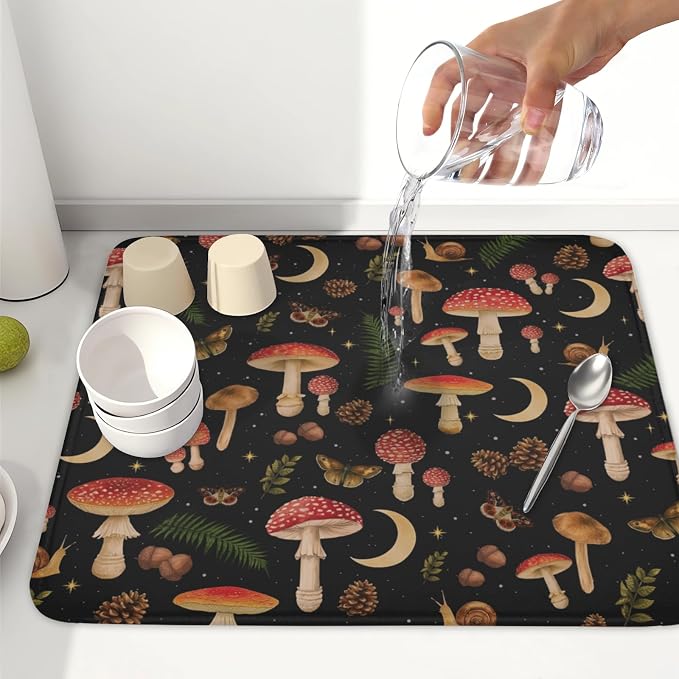 Botanical Mushroom Fern Leaf Dish Drying Mat 16x18 Inch | Butterfly，Polyester，Absorbent Microfiber，for Kitchen Coffee Dining Bar Decor