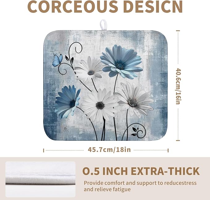 Dish Drying Mat for Kitchen Counter 16x18 Inch Blue Grey Daisy Drying Pads Rustic Vintage Floral Dish Dry Mat Microfiber Absorbent Farmhouse Dish Drainer Mat Flowers Dish Drainer Rack Mat