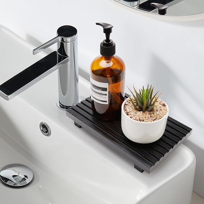 Bathroom Counter Trays Organizer Wooden Display Pedestal Kitchen Soap Dish | Countertop Trays Black Farmhouse Wood Riser Soap Dispenser Holder for Bathroom Decor Kitchen Sink Accessories Vanity Tray