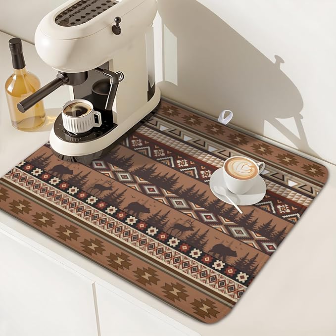 Giwawa Rustic Bear Deer Dish Drying Mat Boho Ethnic Drainer Rack Pad 16x18 Inch Microfiber Absorbent Dish Sink Mat for Counter Kitchen Tableware