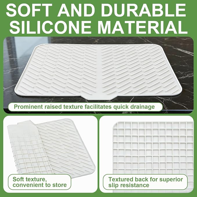 Silicone Drying Mat, 23"X17" With Built-in Drain Lip,Heat-Resistant,Eco-friendly,Hygienic Drying Pad,Leak-Proof and Non-Slip,Silicone Dish Drying Mat for Kitchen Counter or Sink（White 23X17）
