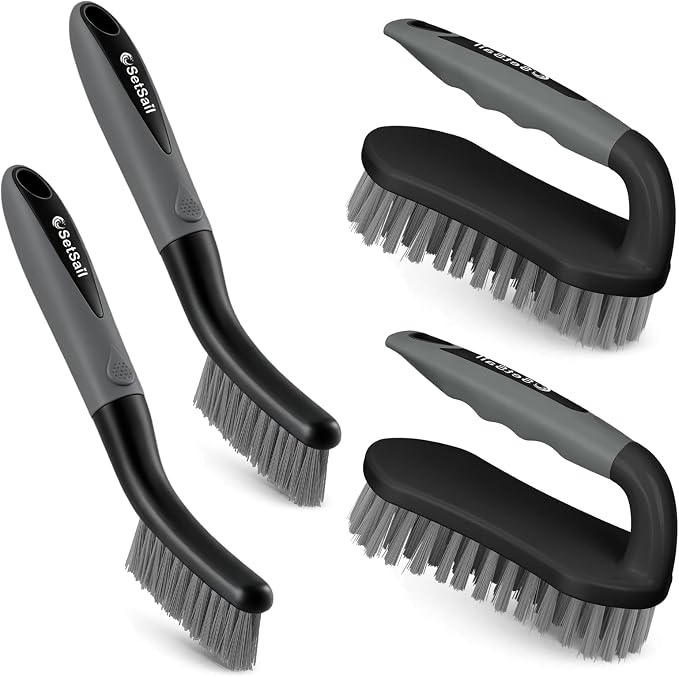 SetSail Scrub Brush, Stiff Bristle Cleaning Scrubber, 4 Pack(Black Grey) | Durable Bristles Ergonomic Non-Slip Tpr Grip. U-Style Hanging Loop for Storage. Use for Shower, Tub, Tile, Kitchen, Carpet.