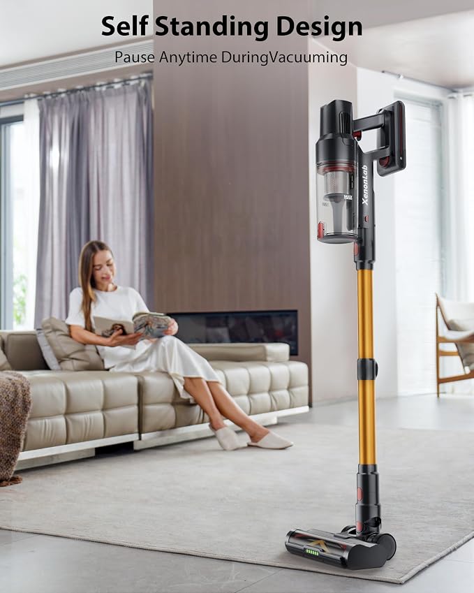 Cordless Vacuum Cleaner, 75Mins/55KPa/650W, Rechargeable | Anti-Static&Anti-Tangle Brush, Extra Replacement Washable HEPA Filter, for Hard Floor, Carpet, Pet Hair, Freestanding