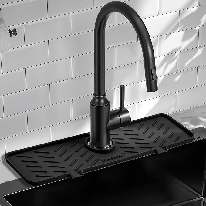 Silicone Faucet Mat for Kitchen Sink – Gen 2 Splash Guard with Upgraded Outlet & Slope – 18” x 5.1” Water Catcher & Sink Sponge Holder for Kitchen and Bathroom (Black)