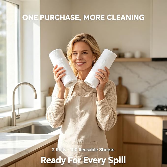 Jessy Home 2 Roll Reusable Paper Towels,100 Sheets Tear Away Microfiber Cleaning Cloth, Lint Free Cleaning Rags for Kitchen, Dishcloth,Household Cleaning Supplies