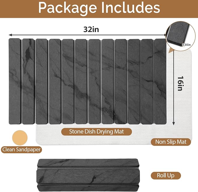 Extra Large Stone Dish Drying Mat for Kitchen Counter, Quick Dry Stone Dishes Mats, Foldable Water Absorbing Diatomaceous Drying Pad for Countertop Bottles Utensils Cups Bathroom(Dark Gray 32"×16"）