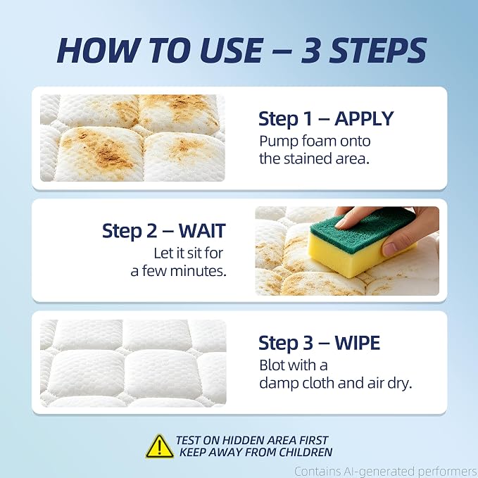 Mattress Cleaner Foam Spray 10.14 fl.oz, Stain Remover, No-Rinse | Helps remove urine, pee & yellow stains from mattresses, couches & upholstery; dry cleaning foam, no-rinse formula