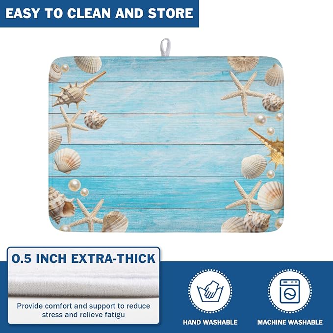 Summer Coastal Dish Drying Mat for Kitchen Counter Seashell Starfish Blue Wooden Board Microfiber Dish Drainer Mat Ocean Nautical Absorbent Washable Drying Pad Extra Large 18"x24"