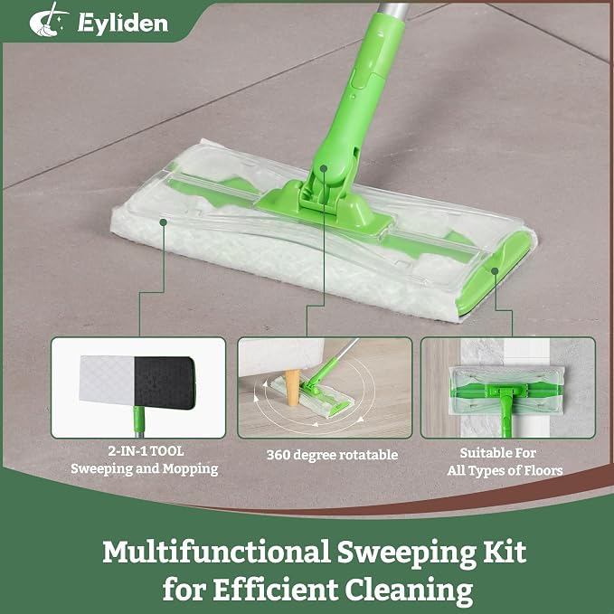 Eyliden Sweeper Mop with 36 Refills, 3 Types of Disposable Dry & Wet Cloths | Lock-Tight Design No Lost Pads, Universal Refills, Multi-Surface Sweeping Starter Kit for Pet Hair, Dust, Floor Cleaning