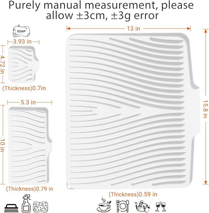 Silicone Dish Drying Mat for Kitchen counter, 15.8"x13" Extra Large Non-Slip Drain Pad with Built-in Drainage, Heat Resistant Dishwasher Safe, Ivory