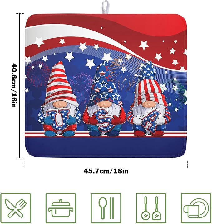 Kawani 4th of July Dish Drying Mat 16x18 Inch Spring Summer Patrioti Gnome Memorial Kitchen Mats Independece Day Absorbent Dishes Pad for Kitchen Counter Usa Stars Drying Mat Home Decor Countertops