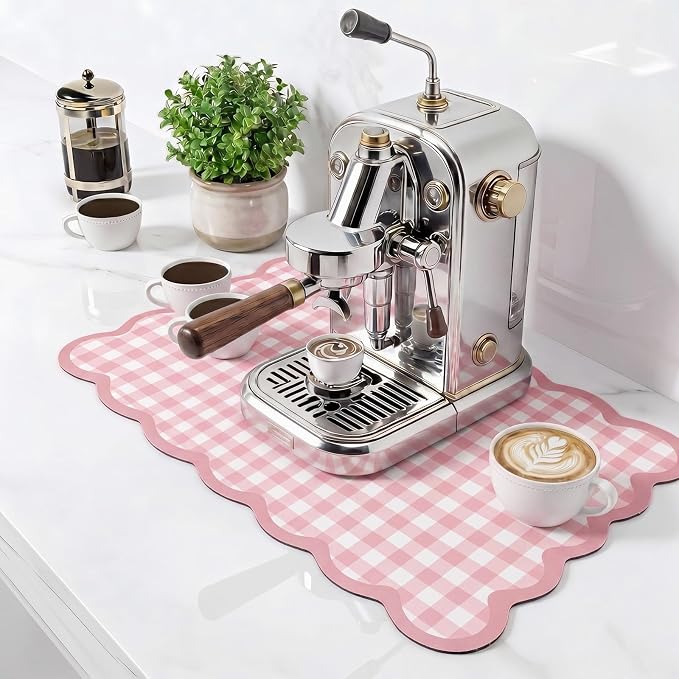 Scalloped Gingham Coffee Mat 12" x 20" Absorbent Coffee Bar Mat Gingham Espresso Matt for Counter(Pink)