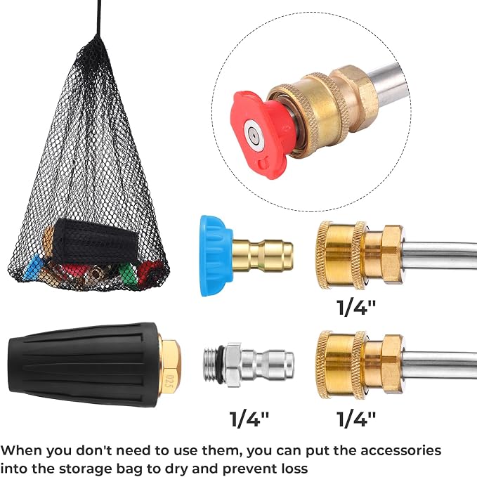 Pressure Washer Turbo Nozzle Kit, 4000 Psi, 1/4" Qc, 6 Tips, 3 Wands | 360° Rotating Turbo Spray, Ceramic Core, Brass & Stainless Steel, 4.0 Gpm, For Gutters, Cars, Patios And Driveways