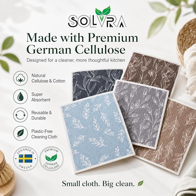 10 PCS Leaf Print Swedish Dishcloths for Kitchen 100% Biodegradable, Reusable Cellulose Sponge Cloths Ultra Absorbent, Eco Friendly Cleaning Towels Dishcloths for Washing Dishes & General Cleaning
