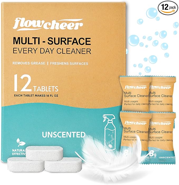 flowcheer Multi Surface Cleaner Refills -12 Pack All Purpose Cleaning Refill Tablet-Makes 192 fl oz Bottles of Spray Cleaner for Household&Kitchen Cleaning (Unscented)