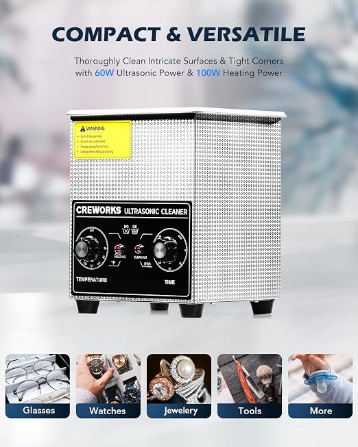 CREWORKS 2L Ultrasonic Cleaner with Heater & Timer, 60W 304 Stainless Steel Sonic Cleaner, 0.5 gal Compact Ultrasonic Parts Cleaner, Professional Lab Ultrasonic Cleaner for Jewelry Watch Coin Glasses