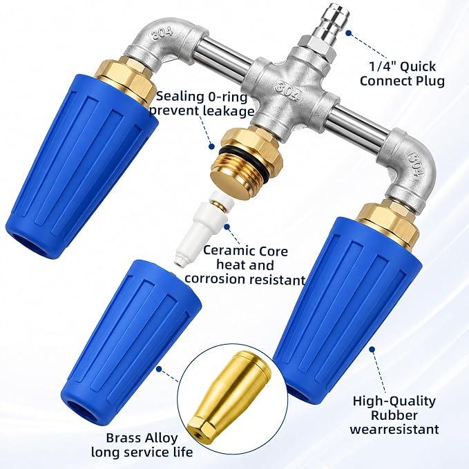 Triple Pressure Washer Turbo Nozzle, 3-Head, 1/4-Inch Quick Connect | 360° rotating power washer nozzle tips, 4000 PSI, 4-6 GPM, 2.0 orifice for driveways, concrete, patios and decks