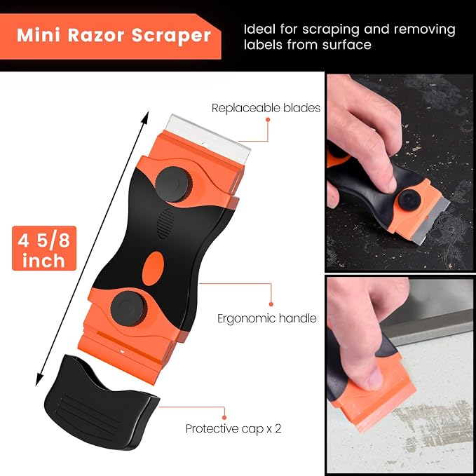 DEKEones Razor Blade Scraper, 2 PCS Razor Scraper Tool for Removing Label, Registration Sticker, Tint, Grease from Windshield, Appliance, Glass (Extra 20 Metal and 10 Plastic Blades)