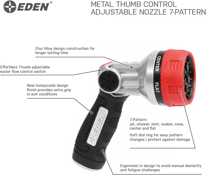 Eden 94805 Metal Thumb Control Heavy Duty Garden Hose Nozzle, High Pressure Water Sprayer W/ 7 Adjustable Patterns, W/Quick Connect Set for Plants, Lawn, Garden