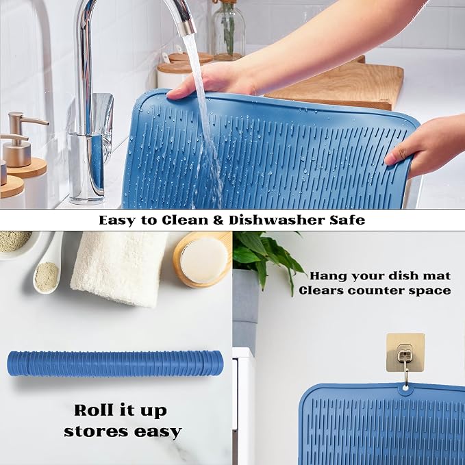 ZLR Heavy-Duty Silicone Dish Drying Mat (16" x 18" / 401 x 455mm) - XL Family-Size Thick 4mm Drainboard for Pots, Pans & Heavy Cookware - Oversized Trivet & Counter Protector, Non-Slip (Lichen Blue)