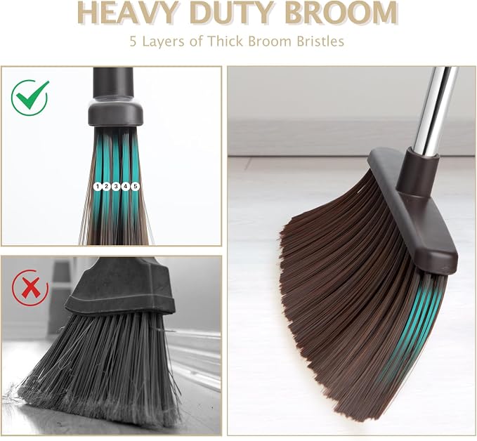 2-Pack Broom and Dustpan Combo Set,51" Long Handle,Beige | Standing Dustpan, Heavy Dust,House Accessories for Home, Kitchen, Office, Pet Hair