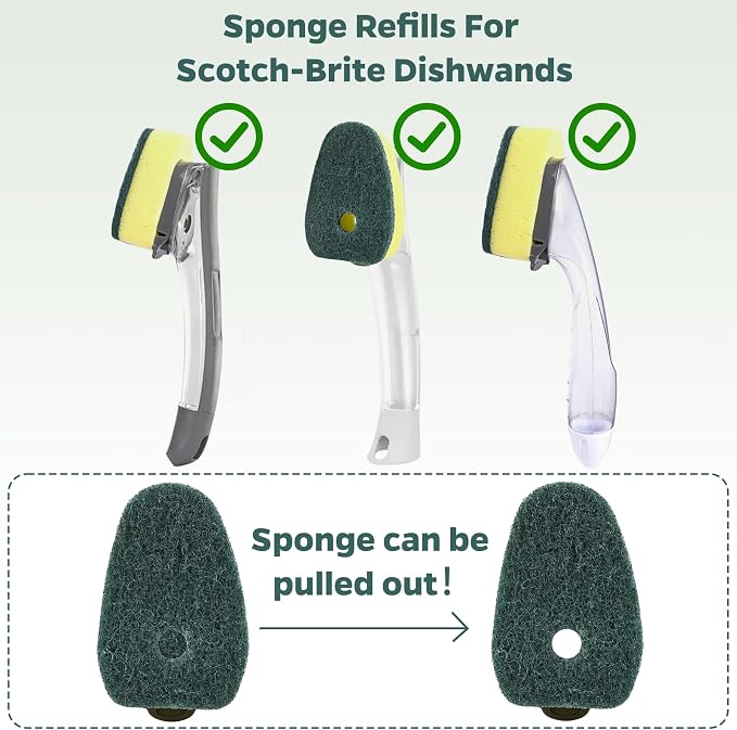 Sponge Dishwand Brush Refills for Scotch-Brite Dishwand - 10 Pack Dish Soap Non-Scratch Brush Refills for Nonstick Pots and Pans, Glass & Tubs（Green）