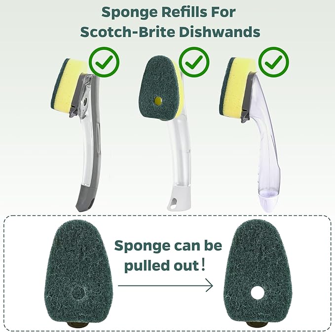 Sponge Dishwand Brush Refills for Scotch-Brite Dishwand, 20 Pack（Green） | Non-Scratch Brush Refill, 3X Scrubbing Power