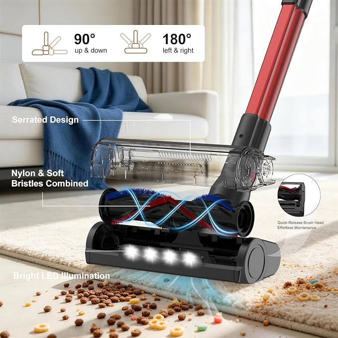 Stick Cordless Vacuum Cleaners for Home 3 Suction Modes HEPA VA007 | Anti-Tangle Brush, 200W Powerful Suction, LED Light, LED Light, Touch Screen, Stick Vacuum for Home Pet Hair Floors
