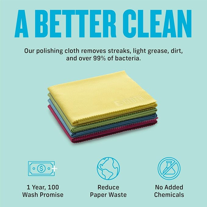 E-Cloth Glass & Polishing Cloth - Microfiber Cleaning Towel Cloth for Windows, Cars, Mirrors, Eyeglasses, & More, Streak Free Clean, Reusable & Machine Washable - Assorted Colors (4 Pack)