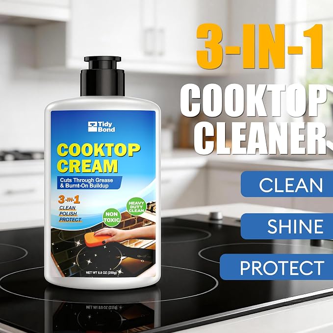 Glass Cooktop Cleaner & Polish Kit – Heavy Duty Stove Top Cleaner with Scraper & Scrubbing Pad, Removes Burnt-On Food, Grease & Tough Stains, Safe for Induction, Electric & Ceramic Cooktops – 8.8 oz