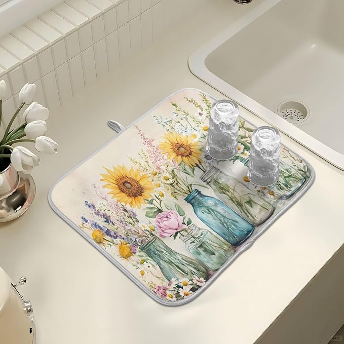 Spring Summer Floral Jars Flowers Dish Drying Mat for Kitchen Counter Absorbent Microfiber Small Drying Pad Dish Mats for Kitchen Countertops 16 x 18 Inch